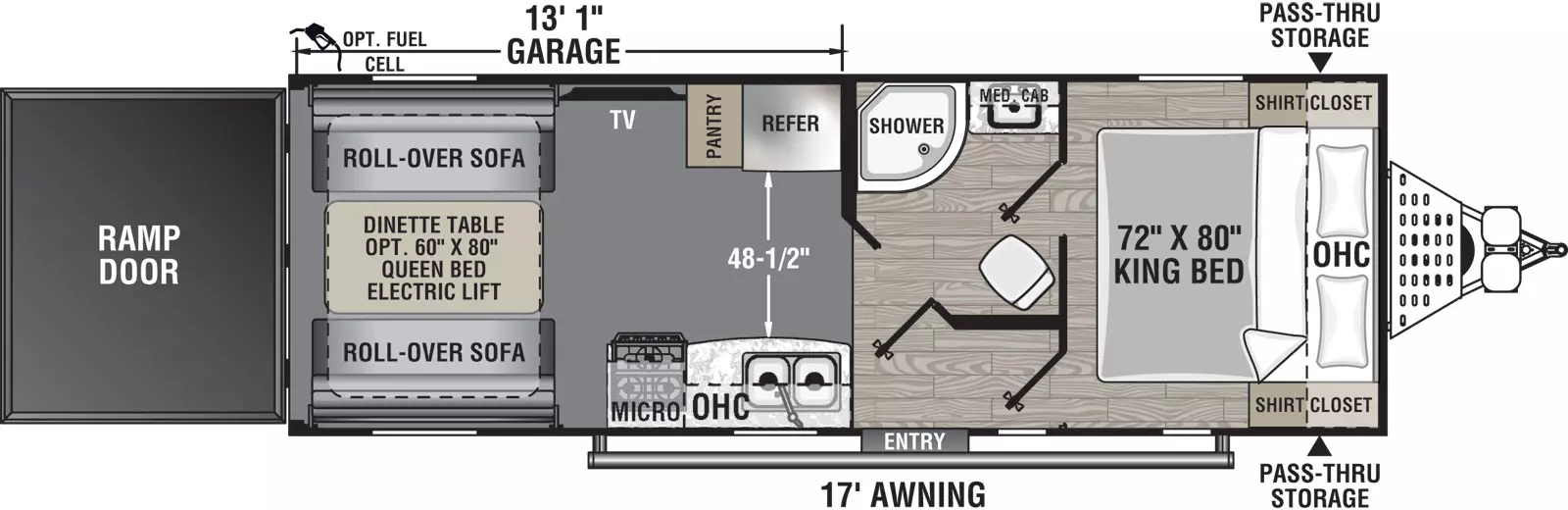 The 23LT has no slide outs and one entry door on the door side. Interior layout from front to back: front bedroom with side- facing king bed and overhead cabinet; walk through bathroom on off door side; kitchen living dining area; door side kitchen containing double basin sink, overhead cabinet, cook top stove, and overhead microwave; off-door side refrigerator and pantry; and television; one roll-over sofa on the door side and one roll-over sofa on the off-door side of the unit; dinette table; and rear ramp door.