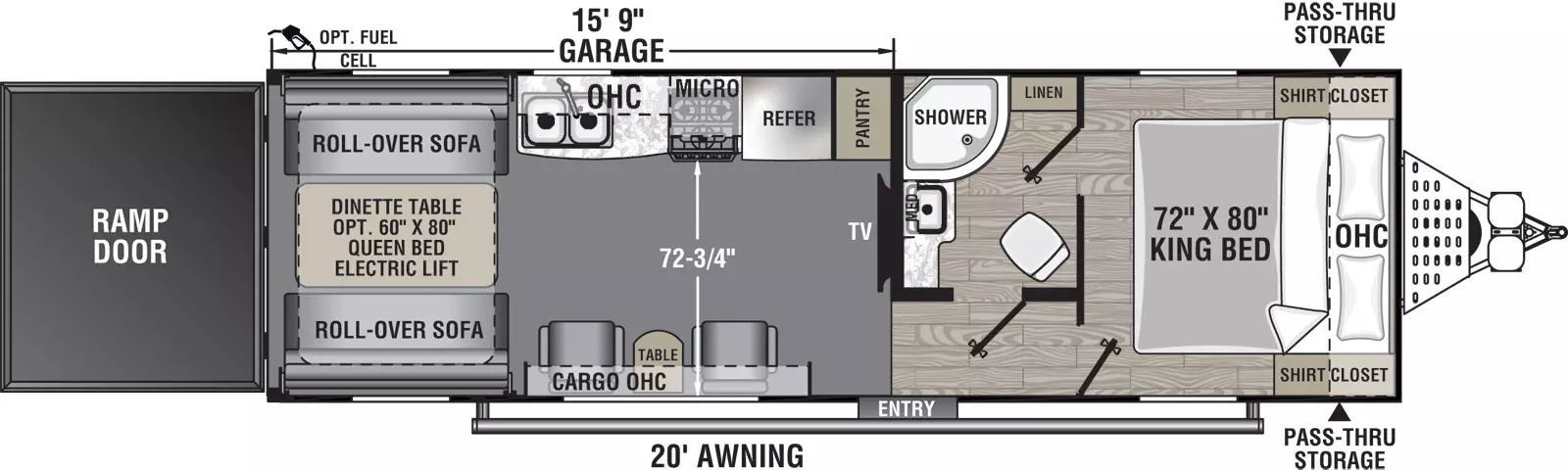 The 27LT has no slide outs and one entry door on the door side. Interior layout from front to back: front bedroom with side-facing king bed and overhead cabinet; walk through bathroom on off door side; kitchen living dining area; off door side kitchen containing pantry, refrigerator, cook top stove, overhead microwave, double basin sink, and overhead cabinet; two euro chairs on the door side with table and overhead cabinet; one roll-over sofa on door side and one roll-over sofa on the off-door side of the unit; dinette table; and rear ramp door.