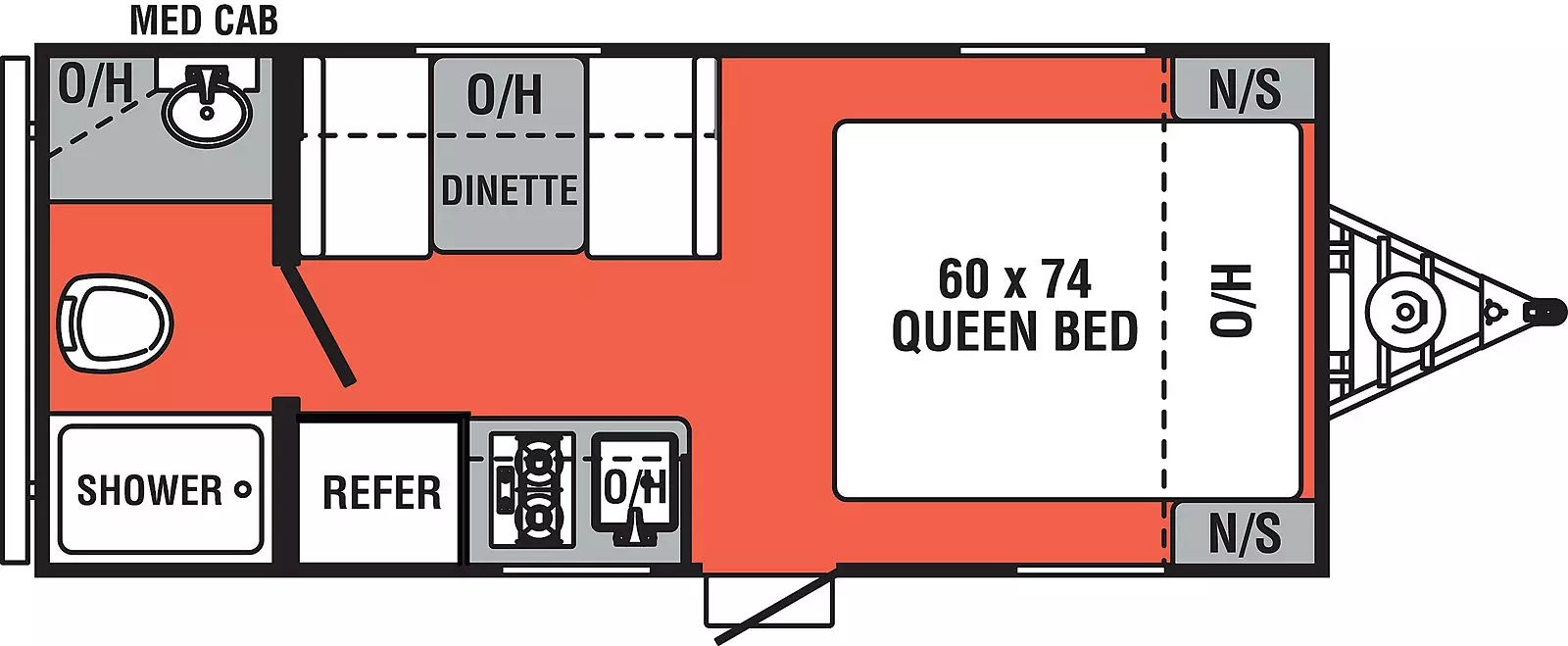 The Independence Trail 172RB has 0 slideouts and 1 entry door. Interior layout from front to back; 60 inches by 74 inch Queen Bed with night stands on both sides and overhead cabinets; door side range, sink, refrigerator with overhead cabinets; off-door side dinette with overhead cabinets; rear door side shower with off-door sink and medicine cabinets and overhead cabinets.