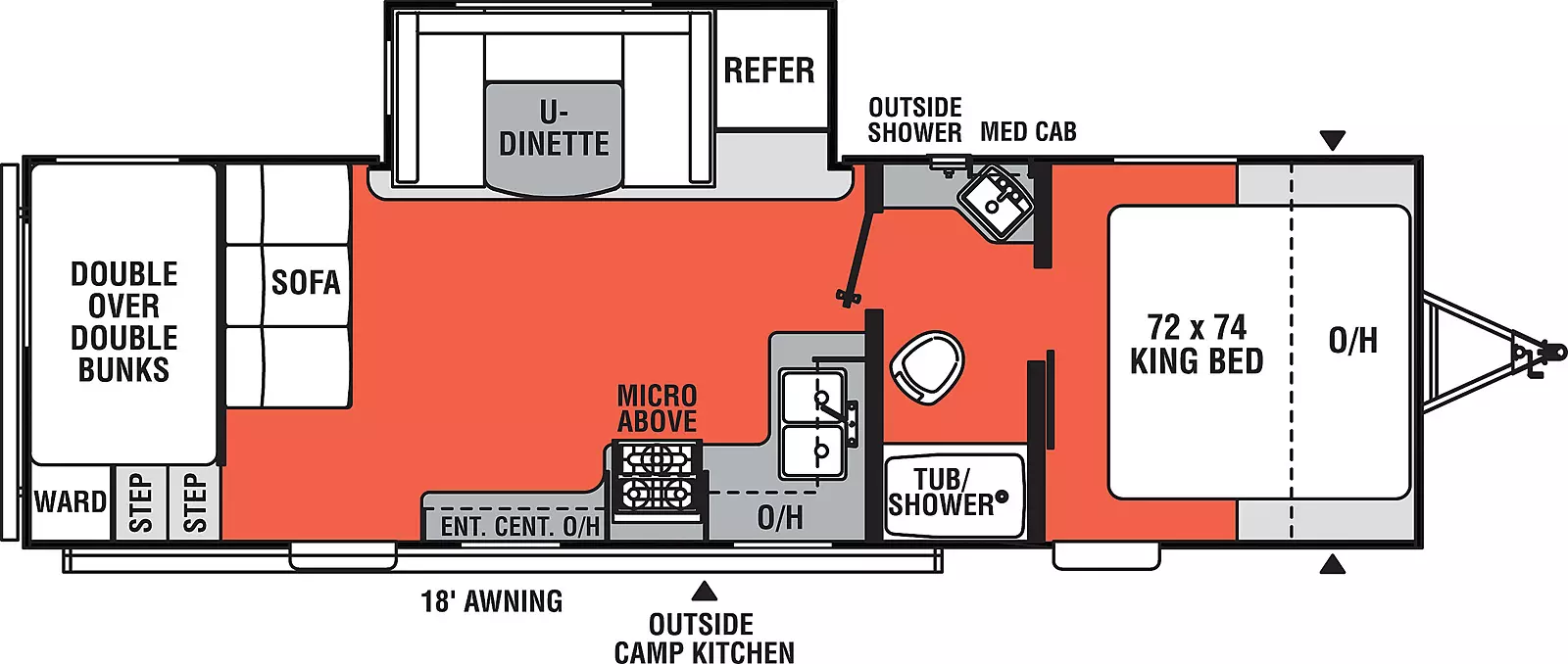 The Independence Trail 262DBS has 1 slideout located on off-door side and 1 entry door. Interior layout from front to back; 72 inches by 74 inches King Bed with overhead cabinets; bathroom in between living space and bedroom with door side tub/shower and off-door side sink and medicine cabinet;  off-door side dinette and refrigerator; door side entertainment center and range with microwave and dual wrap around sink with overhead cabinets and pantry; rear sofa; rear step up to wardrobe and double over double bunks. Exterior door side 18 foot awning with outside camp kitchen and off-door side outside shower.