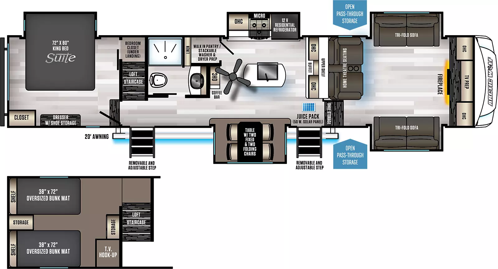 3990SUITE has 5 slide outs, three on the off-door side and two on the door side. There are two entry doors on the door side under an awning along with open pass through storage. The interior layout from front to back: front living room with 2 tri-fold sofa slide outs across from each other; mid kitchen with kitchen island off-door side kitchen slide out; door side slide out with table that has two fixed and two folding chairs; side aisle bathroom; and rear bedroom with king bed slide out. There is a loft staircase that takes you above the rear bedroom and includes two 38 x 72 inch oversized bunk mats along with storage, shelves and TV hookup.