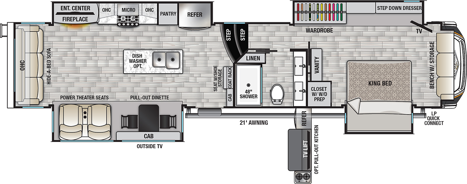 The 38EBS has four slides, two on each side. The bedroom is located at the front of the unit, and includes a vanity, closet with washer/dryer prep, dresser, wardrobe, TV, and a bench with additional storage. The bathroom features a unique two-faucet sink with large vanity, commode, and walk-in skylight shower with seat. The central island kitchen offers an optional dishwasher and includes a huge refrigerator, pantry, microwave, stovetop and oven, plus a pull-out dinette. At the rear of the unit is a hide-a-bed sofa, power theater seats, and an entertainment center with TV and fireplace. This floorplan also offers an optional pull-out outside kitchen with a refrigerator, cooktop, and lift TV.
