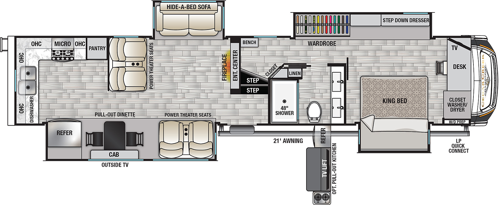 The 38EKS is a four slide floorplan, with two slides on each side. A king bedroom is located at the front of the unit, which also includes a desk, wardrobe, step-down dresser, TV, and washer/dryer prep. The bathroom features a unique two-faucet sink with large vanity, linen closet, commode, and walk-in shower with seat. The central living area provides ample seating, with a hide-a-bed sofa and two sets of power theater seats, plus an entertainment center with TV and fireplace. The rear kitchen offers a pull-out dinette, pantry, microwave, cooktop and oven, lots of overhead cabinets, and large refrigerator.  This floorplan also offers an optional pull-out outside kitchen with a refrigerator, cooktop, and lift TV.