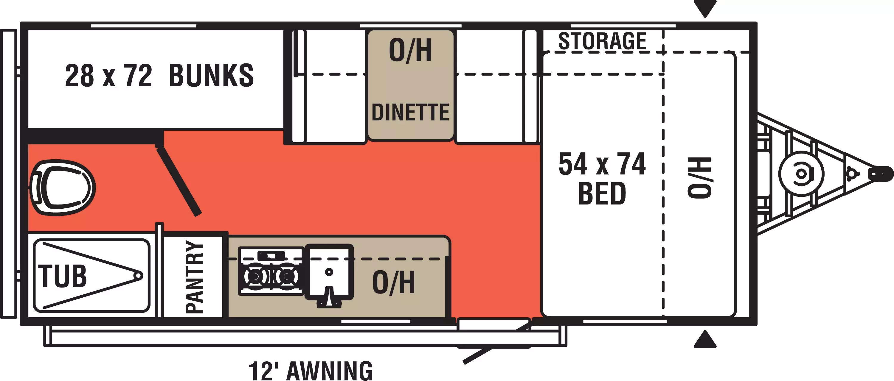 The Independence Trail 172BH has 0 slideouts and 1 entry door. Interior layout from front to back; 54 inches by 74 inches Bed with storage and overhead cabinets; door side range and sink with overhead cabinets and pantry; off-door side dinette with overhead cabinets; rear door side tub with off-door 28 inch by 72 inch bunks. Exterior 12 foot awning.
