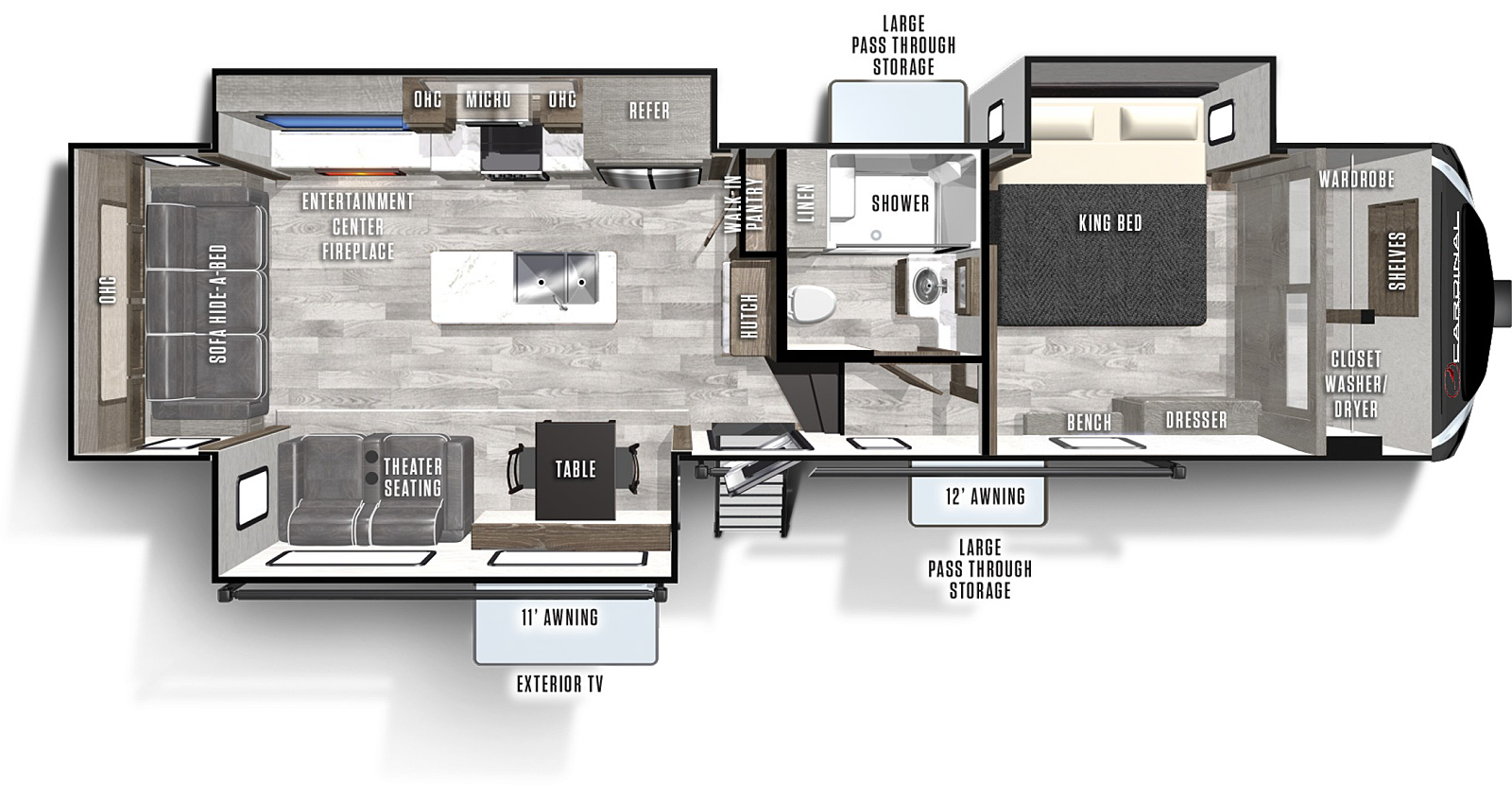 The 320RLX has three slide outs, one on the door side and two on the off-door side, with one entry near the middle of the door side. A 11 foot awning and 12 foot awning cover the exterior TV, entry and large pass through storage. Interior layout from front to back: Bedroom with King bed slide out, wardrobe and closet with washer/dryer prep, dresser and bench; bathroom with sink and medicine cabinet, toilet, shower and linen cabinet; kitchen with hutch, walk-in pantry, island with a sink; off-door side slideout with Refrigerator, microwave, and entertainment center with fireplace; door side slideout across with theater seating and table with chairs; rear sofa hide-a-bed with overhead cabinets.