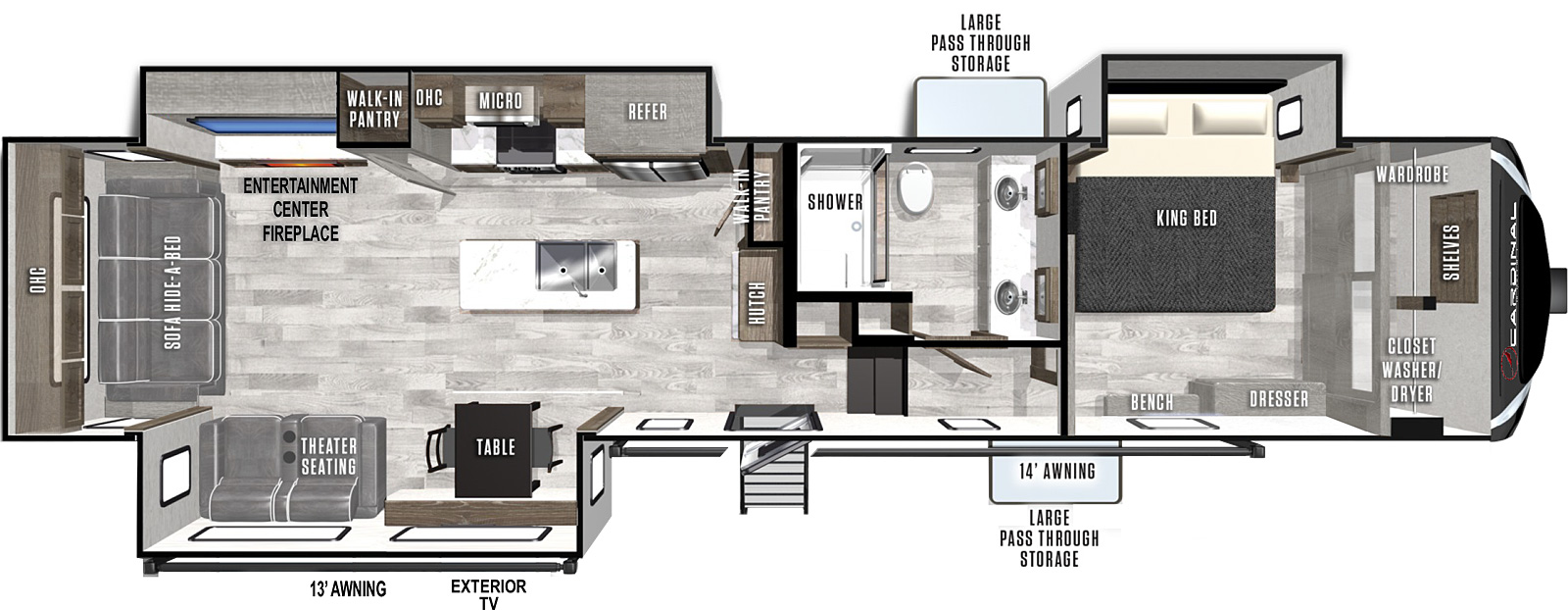 The 320RLX has three slide outs, one on the door side and two on the off-door side, with one entry near the middle of the door side. A 13 foot awning and 14 foot awning cover the exterior TV, entry and large pass through storage. Interior layout from front to back: Bedroom with King bed slide out, wardrobe and closet with washer/dryer prep, dresser and bench; bathroom with dual sinks and medicine cabinets, toilet and shower; kitchen with hutch, walk-in pantry, island with a sink; off-door side slideout with Refrigerator, microwave, second walk-in pantry and entertainment center with fireplace; door side slideout across with theater seating and table with chairs; rear sofa hide-a-bed with overhead cabinets.