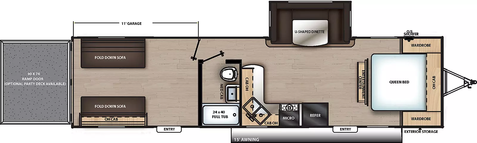 The 29ATH has one slide out on the off-door side and two entry doors on the door side. Interior layout from front to back: foot facing queen bed with overhead cabinet and wardrobes on either side; entertainment center; off-door side slide out containing u-shaped dinette; door side kitchen containing refrigerator, cook top stove, microwave cabinet, double basin sink, and overhead cabinet; door side bathroom; and dinette table with fold down sofa.