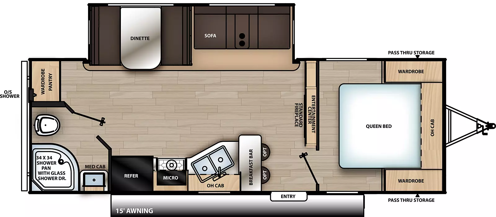 The 24RBS has one slide out on the off-door side and one entry door on the door side. Interior layout from front to back: front bedroom with foot facing queen bed, overhead cabinet, and wardrobes on either side of the bed; entertainment center with fireplace; kitchen living dining area with off-door side slide out containing sofa and dinette; door side kitchen containing breakfast bar, double basin sink, overhead cabinet, cook top stove, microwave cabinet, and refrigerator; rear door side bathroom; rear off-door side pantry.