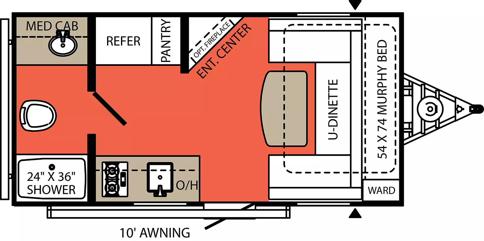The 168RBL has 0 slideouts and 1 entry door. Interior layout from front to back; Front U-Dinette and 54 inch by 74 inch murphy Bed and wardrobe on door side; off-door side entertainment center with optional fireplace; off door side refrigerator and pantry; door side sink, range, and overhead cabinets; rear bathroom with sink, medicine cabinet, shower and toilet. Exterior door side 10 foot Awning.