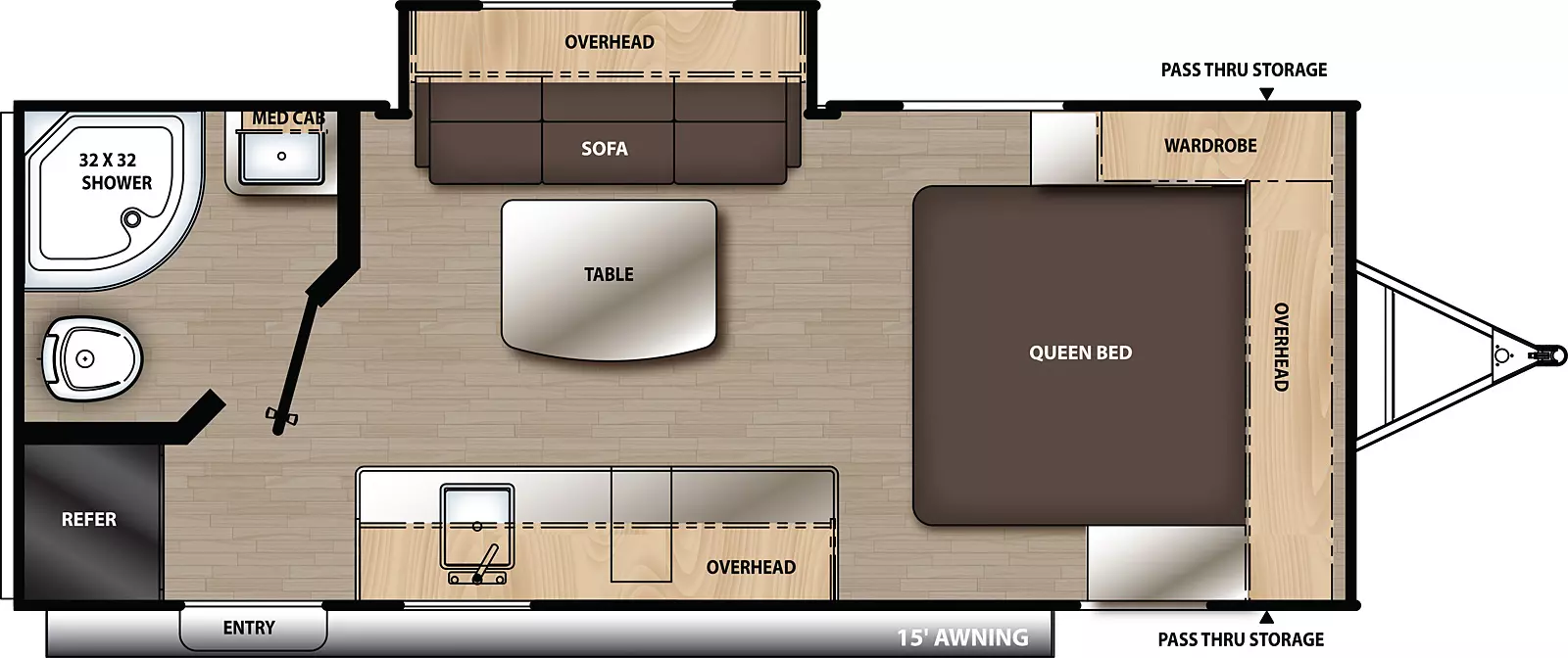 The 18RBS has one slide out on the off-door side and one entry door on the door side. Interior layout from front to back: front facing queen bed with cabinets overhead and wardrobe on off-door side; Kitchen living dining area with slide out on the off-door side containing sofa with cabinets overhead; Freestanding table in the center; door side with overhead cabinets, single bowl sink, and refrigerator located on the door side rear; Rear off-door side corner bathroom. 
