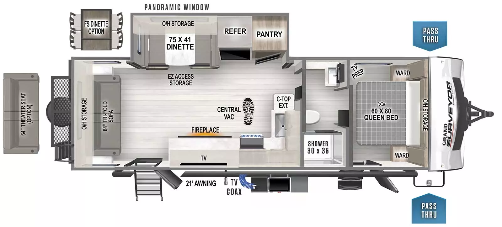 The 253RLS has one entry door, an outside kitchen, front passthrough storage, one off-door side slideout, TV Coax connection, and 21' awning on the exterior. Layout front to back: Front bedroom with queen bed, wardrobes on either side, overhead storage and TV prep; bathroom with doors entering to bedroom or living area; off-door side slideout with pantry, refrigerator, dinette with EZ access storage, overhead storage and panoramic window; door side kitchen with sink, overhead cabinets, stove, microwave, countertop extension, TV and fireplace, and entry door; rear of the RV features tri-fold sofa with overhead storage. This floorplan also features a central vacuum system.