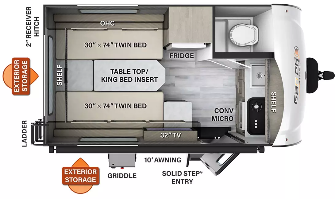 The G15TB has no slide outs and 1 solid step entry door on the camp side. Exterior features include exterior storage and a 10 foot awning. Interior features include two 30 by 74 inch twin beds, a table top king bed insert, overhead cabinets, storage, front off-door side toilet, microwave, and a refrigerator.