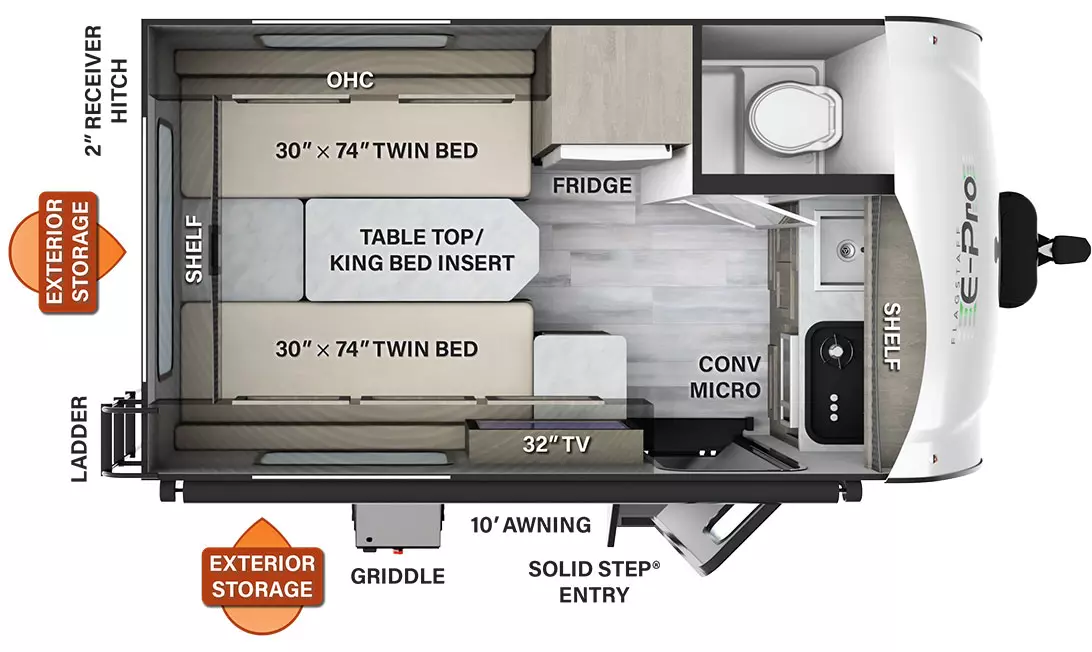 The E15TB has no slide outs and 1 solid step entry door. Exterior features include exterior storage and a 10 foot awning. Interior features include two 30 by 74 inch twin beds, a table top king bed insert, overhead cabinets, storage, and a fridge.
