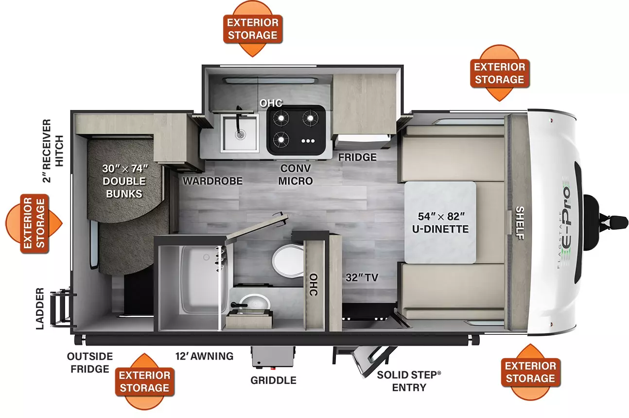 The E16BH has 1 slide out and 1 solid step entry door. Exterior features include exterior storage and a 12 foot awning. Interior features include 30 inch x 74 inch double bunks, wardrobe, convection microwave, bathroom,  32" TV, overhead cabinets, refrigerator, and a 54 inch by 82 inch dinette. 