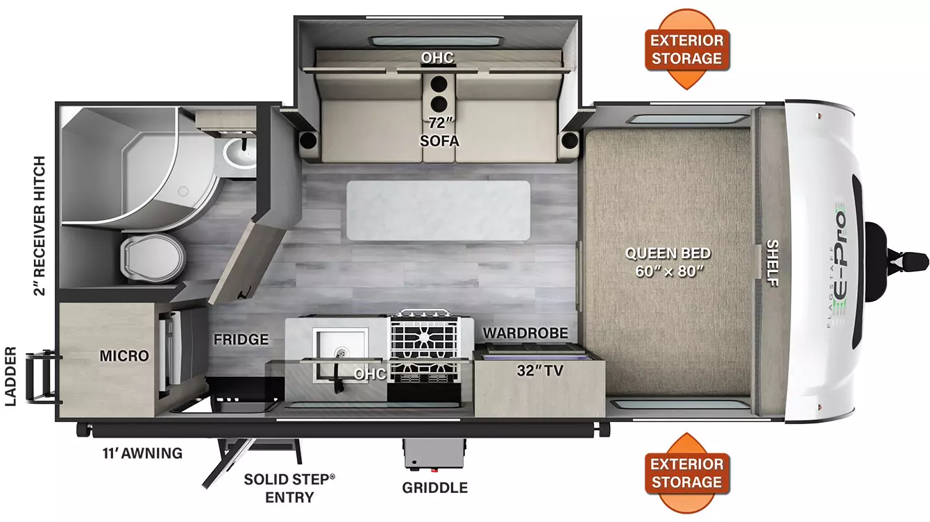 The E19FBS has one slide out on the off-door side and 1 entry door. Exterior features include exterior storage, a rear ladder, and a door side 11 foot awning. Interior layout from front to back: front bedroom with side facing 60x80 queen bed; kitchen dining living area with off-door side slide out containing a sofa; door side kitchen countertop;  32" TV;  and fridge and microwave in the door side rear corner; and a full bathroom in the off-door side rear corner.