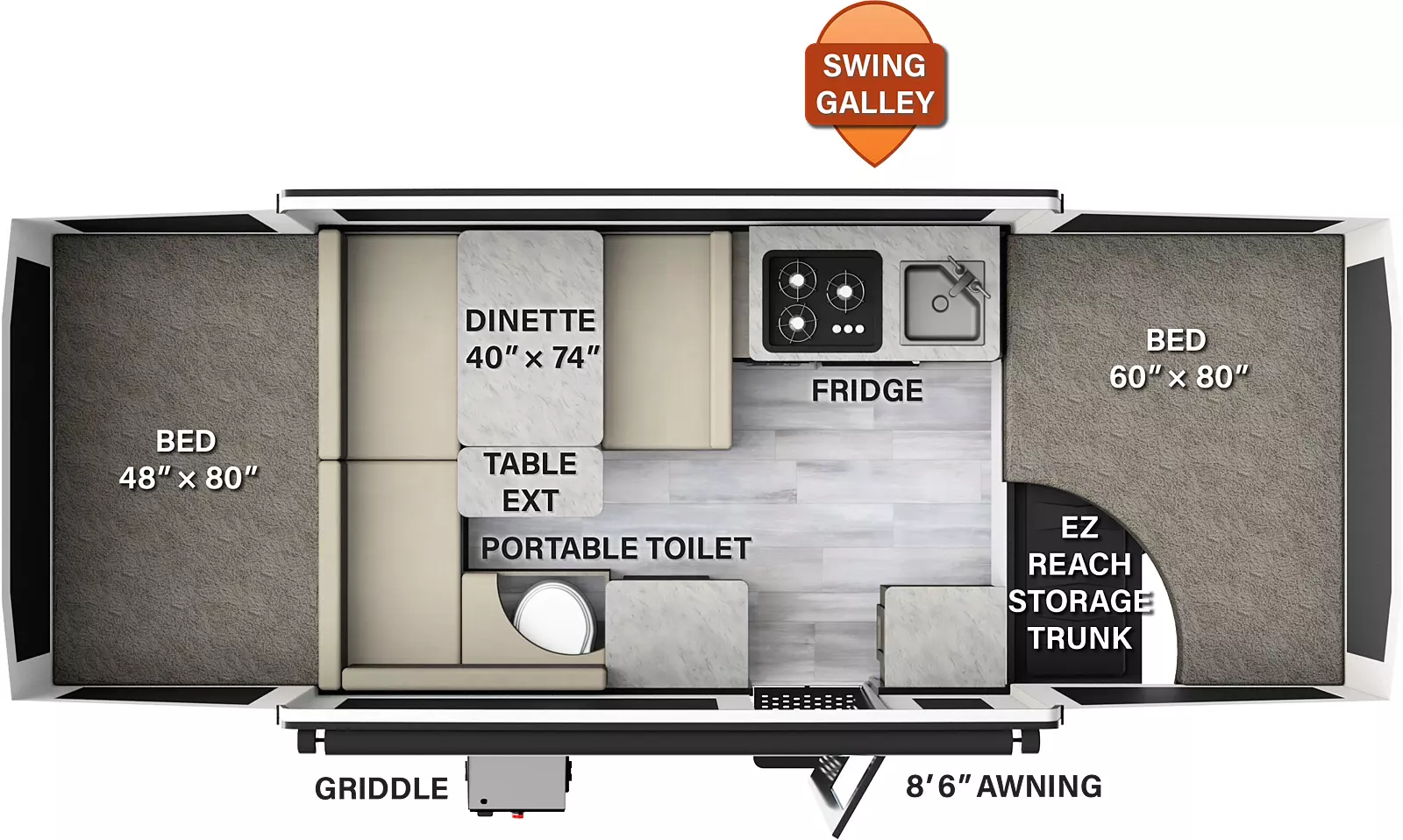 The 206STSE has no slide outs and one entry door. Exterior features include a 8 foot 6 inch awning, front EZ reach storage trunk, and griddle. Interior layout from front to back: front tent bed; off-door side swing galley with cooktop and sink, and dinette with table extension; door side countertop, entry, portable toilet and more seating; rear tent bed
