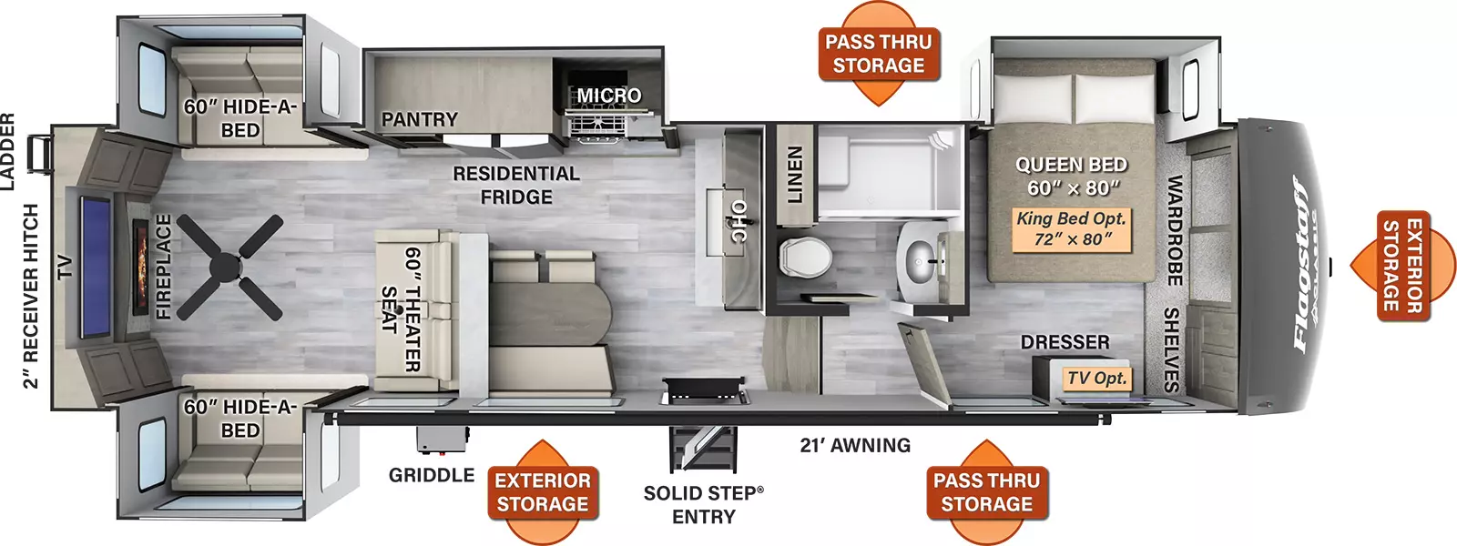 The 529RLBS has four slides and one entry door. Three on the off door side and one on the door side. Exterior features include a 21 foot awning, pass through storage, exterior storage, griddle, rear ladder, and 2 inch receiver hitch. The interior layout from front to back: Queen bed off door side slideout, front wardrobe and shelves, and dresser (optional TV and king bed); side aisle full bathroom; kitchen with booth and barstools, sink with overhead cabinet, and off door side slideout with microwave, cooktop, residential refrigerator and pantry; rear living room with paddle fan, theater seating, opposing hide a bed sofa slideouts, and rear entertainment center with TV and fireplace. 