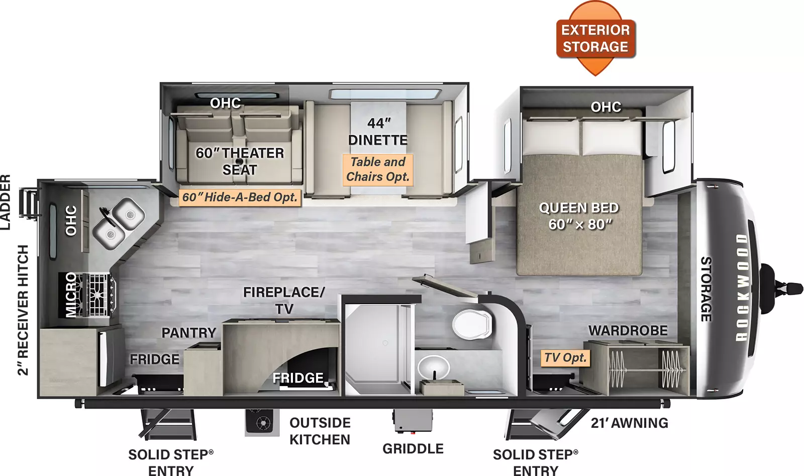 The 2614BS has two slide outs on the off-door side, along with two entry doors. Exterior features include a 21 foot awning, outside kitchen, exterior storage, griddle, rear ladder, and 2 inch receiver hitch. Interior layout from front to back: front bedroom with front storage, door side entry and wardrobe, and off-door side queen bed slide out with overhead cabinets (TV optional); side aisle bathroom on door side; off-door side slide out with dinette (table and chairs optional) and theater seating (hide a bed optional); door side entertainment center with TV and fireplace below, pantry and second entry; rear kitchen with double sink, microwave, stove, refrigerator, and overhead cabinets.