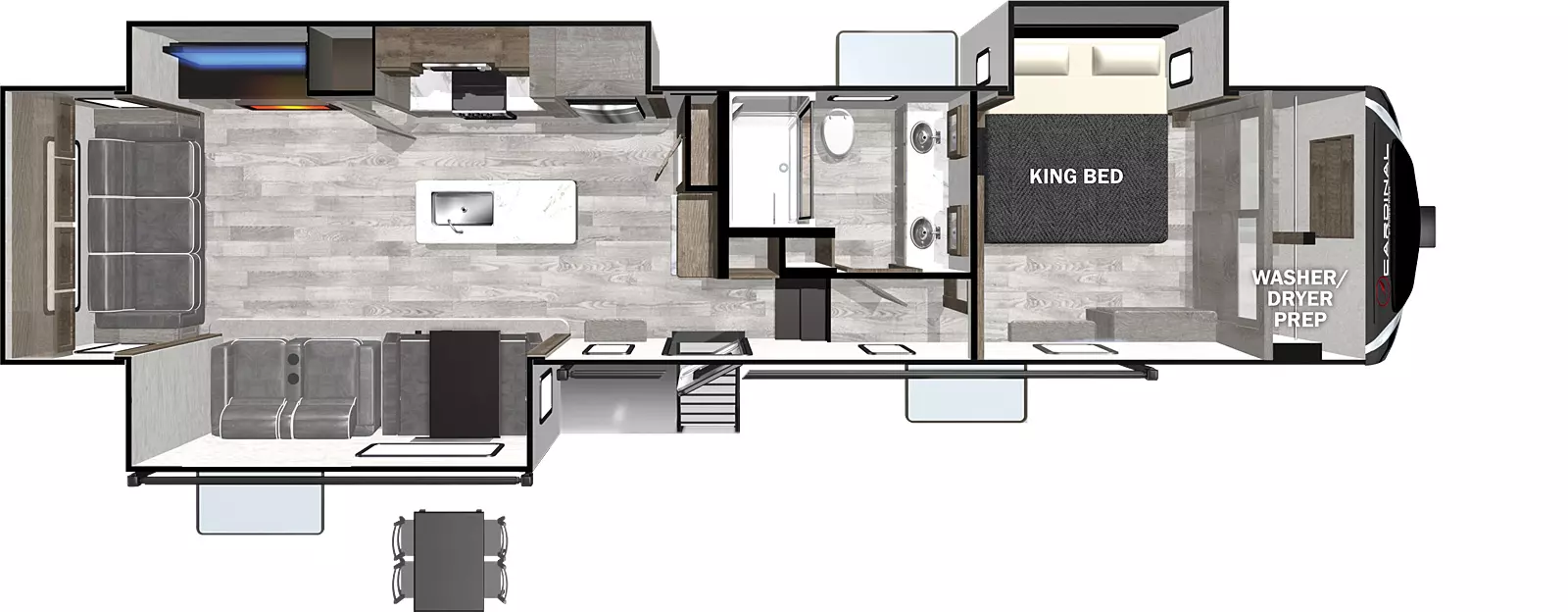 The 367DVLE has three slideouts and one entry. Interior layout front to back: bedroom with king bed slideout and washer/dryer prep; off-door side aisle bathroom; off-door side slideout with kitchen and entertainment center; kitchen island with sink; door side slideout with dinette and seating; rear sofa. Optional free-standing dinette.