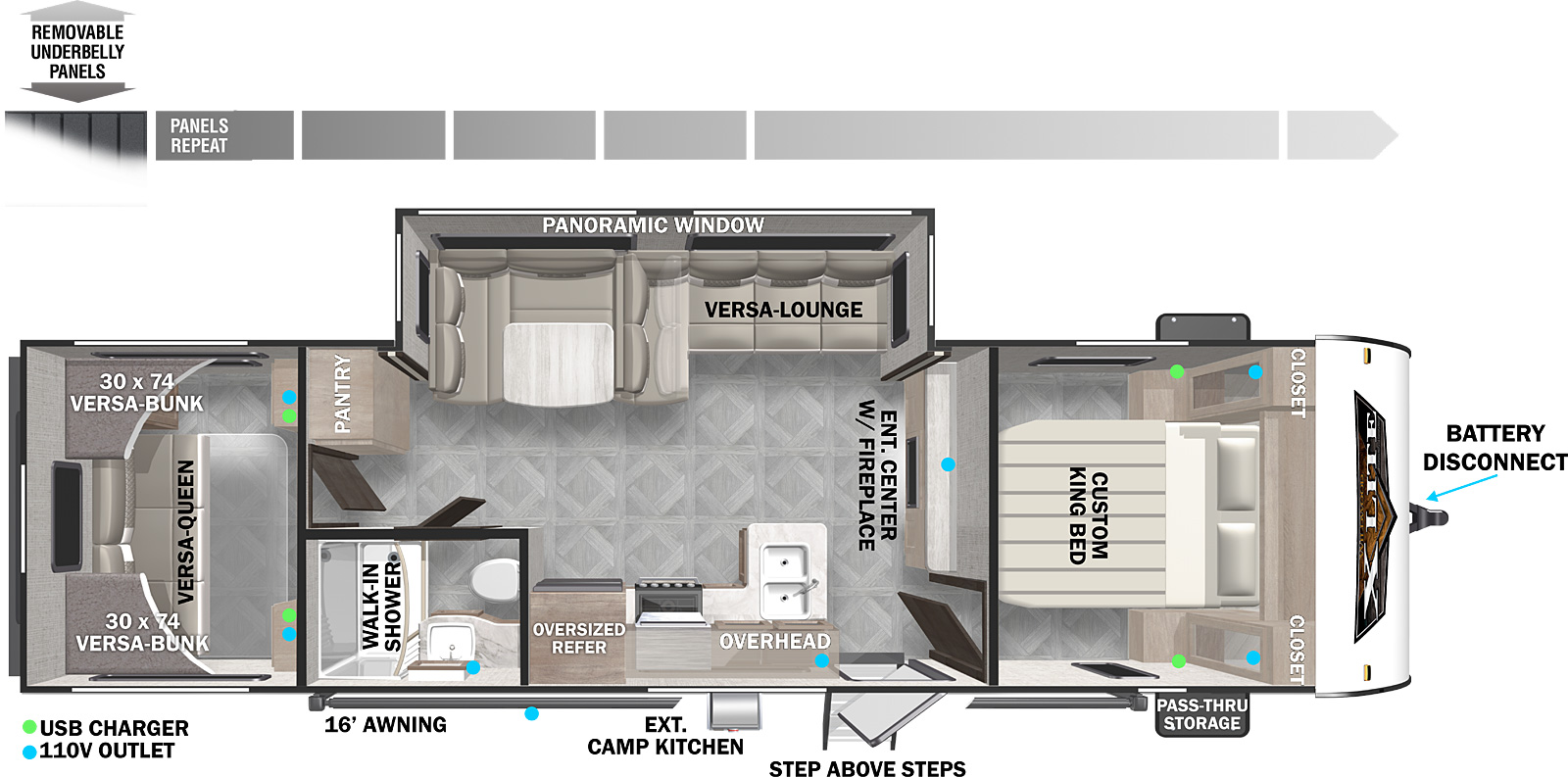 The 28VBXL has one slideout and one entry. Exterior features include a 16 foot awning, exterior camp kitchen, step above entry steps, front pass-thru storage, battery disconnect, and removeable underbelly panels. Interior layout front to back: custom king bed with closets on each side; entertainment center with fireplace along inner wall; off-door side slideout with versa lounge/u-dinette and panoramic window; door side entry and kitchen with peninsula countertop with sink, overhead cabinet, and oversized refrigerator; door side full bathroom with walk-in shower; off-door side pantry along inner wall; rear bunk room with versa bunks on each side above a versa queen.