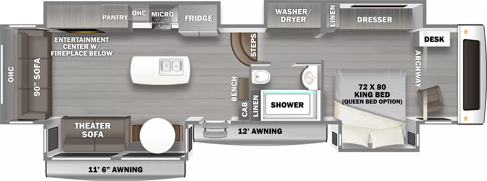 The 41RL has four slideouts and one entry. Exterior features 11 foot 6 inch and 12 foot awnings. Interior layout front to back: front desk and chair under an archway; door side king bed slideout (queen bed optional); off-door side slideout with dresser, linen closet, and washer/dryer; door side aisle full bathroom with linen cabinet; cabinet and bench at entry on door-side; off-door side slideout with refrigerator, microwave, overhead cabinet, pantry, and entertainment center with fireplace below; kitchen island with sink; door side slideout with dinette table and two chairs, and theater sofa; rear sofa and overhead cabinet.
