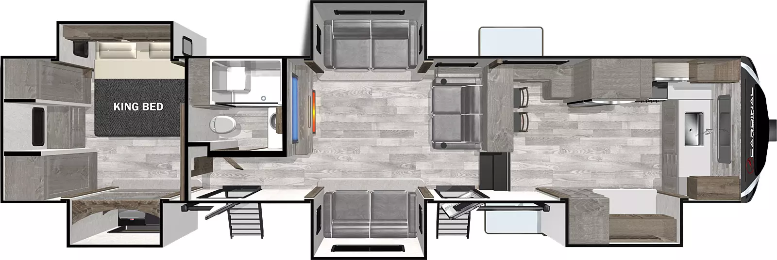 The 403FKLE has five slide outs and two entry doors. Interior layout front to back: front kitchen with slideout; two steps down to living room area with opposing slideout with seating and one entry; off-door side full bathroom with second entry on door side; rear bedroom with king bed slideout on off-door side, and slideout on door side.