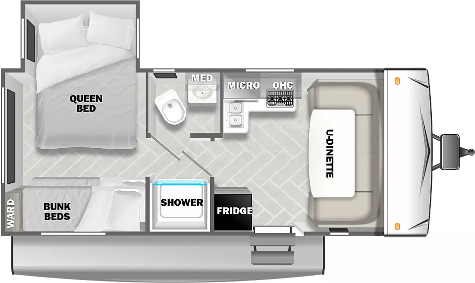 The 176QB has one slideout and one entry. Interior layout front to back: front u-dinette; off-door side kitchen with overhead cabinet, microwave, and countertop that wraps to inner wall; door side entry and refrigerator; split bathroom with toilet, sink and medicine cabinet on off-door side and shower on door side; rear bedroom with off-door side queen bed slideout, and door side bunk beds and wardrobe.