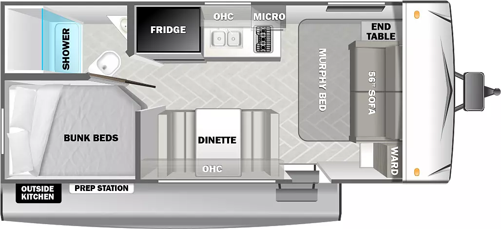 The 179DB has zero slideouts and one entry. Exterior features an outside kitchen and prep station. Interior layout front to back: murphy bed/sofa with off-door side end table, and door side wardrobe; off-door side kitchen with microwave, overhead cabinet and refrigerator; door side entry, dinette and overhead cabinet; rear off-door side full bathroom; rear door side bunk beds.
