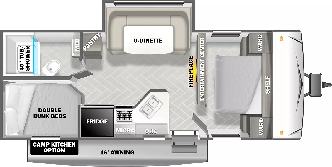The 2495DBX has one slideout and one entry. Exterior features a camp kitchen option, and a 16 foot awning. Interior layout front to back: bedroom with shelf above and wardrobes on each side; entertainment center and fireplace along inner wall; off-door side u-dinette slideout and pantry; door side entry, and peninsula kitchen counter that wraps to overhead cabinet, microwave and refrigerator; rear off-door side full bathroom with tub/shower; rear door side double bunk beds.