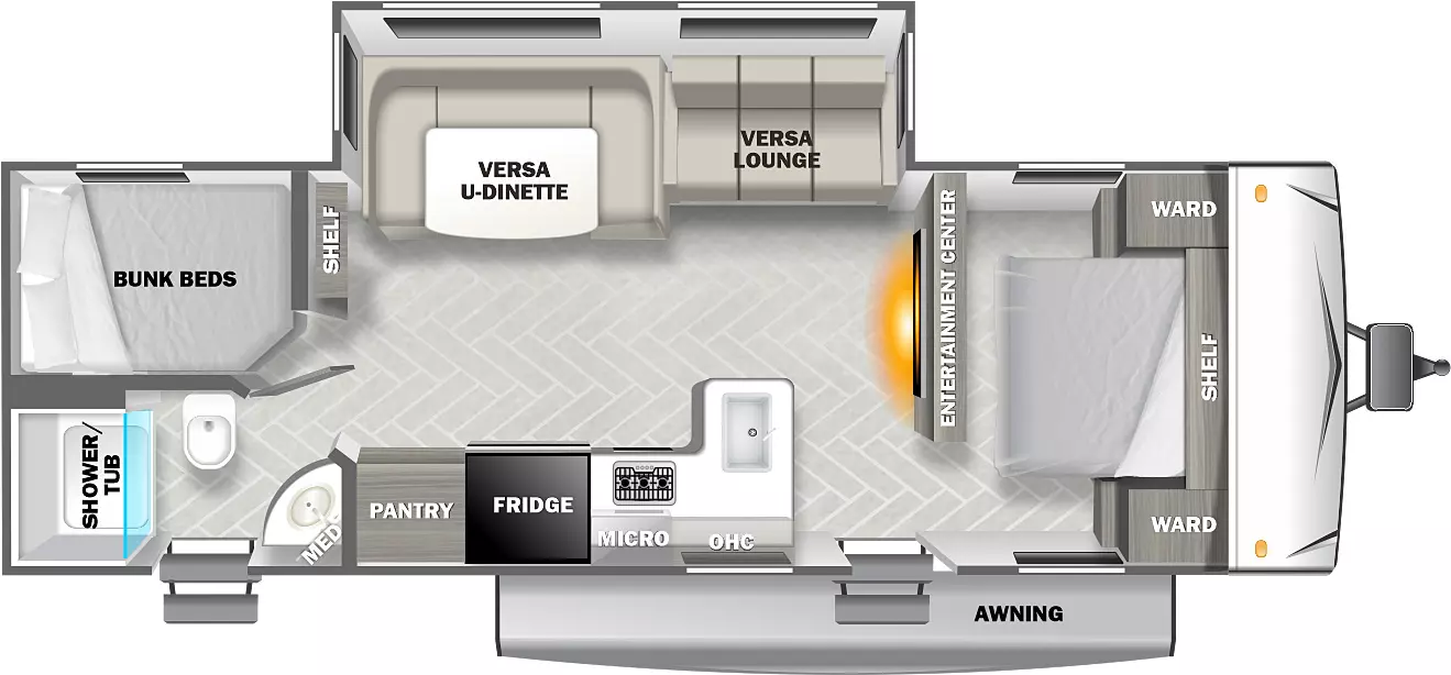 The 2700BHX has one slideout and two entries. Exterior features an awning. Interior layout front to back: bedroom with shelf above and wardrobes on each side; entertainment center along inner wall; off-door side slideout with versa lounge and versa u-dinette; door side entry and peninsula kitchen counter that wraps to overhead cabinet, microwave, refrigerator, and pantry; rear off-door side bunk beds and shelf; rear door side full bathroom with shower/tub, medicine cabinet, and second entry.