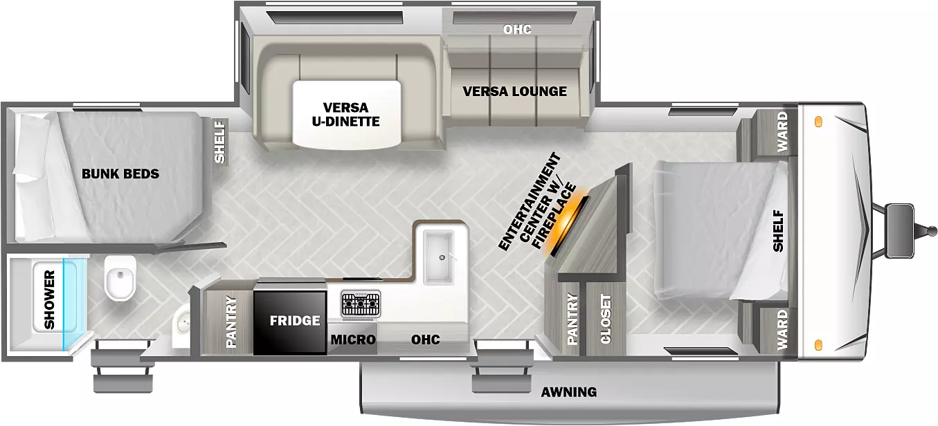 The 2740BH has one sldieout and two entries. Exterior features an awning. Interior layout front to back: bedroom with shelf above, wardrobes on each side, and door side closet; angled entertainment center and pantry along inner wall; off-door side slideout with versa lounge, overhead cabinet, and versa u-dinette; door side entry and peninsula kitchen counter that wraps to overhead cabinet, microwave, refrigerator, and pantry; rear off-door side bunk beds and shelf; rear door side full bathroom with second entry.