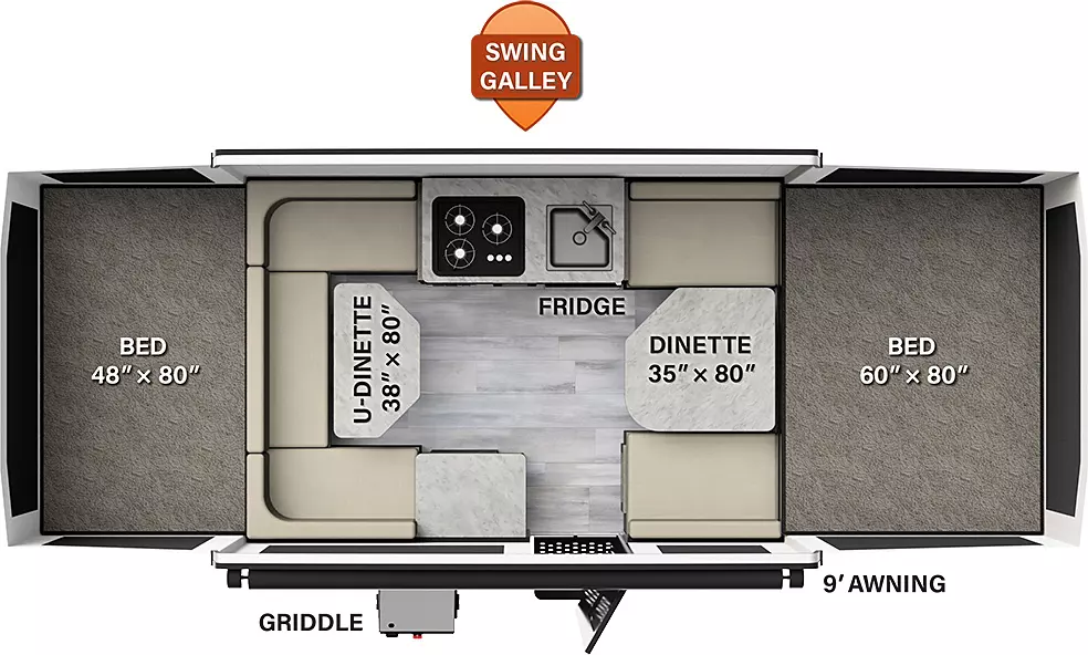 The 1980 has zero slideouts and one entry. Exterior features a griddle and a 9 foot awning. Interior layout front to back: front tent bed; dinette; off-door side swing galley; door side entry and cabinet; u-dinette; front tent bed.