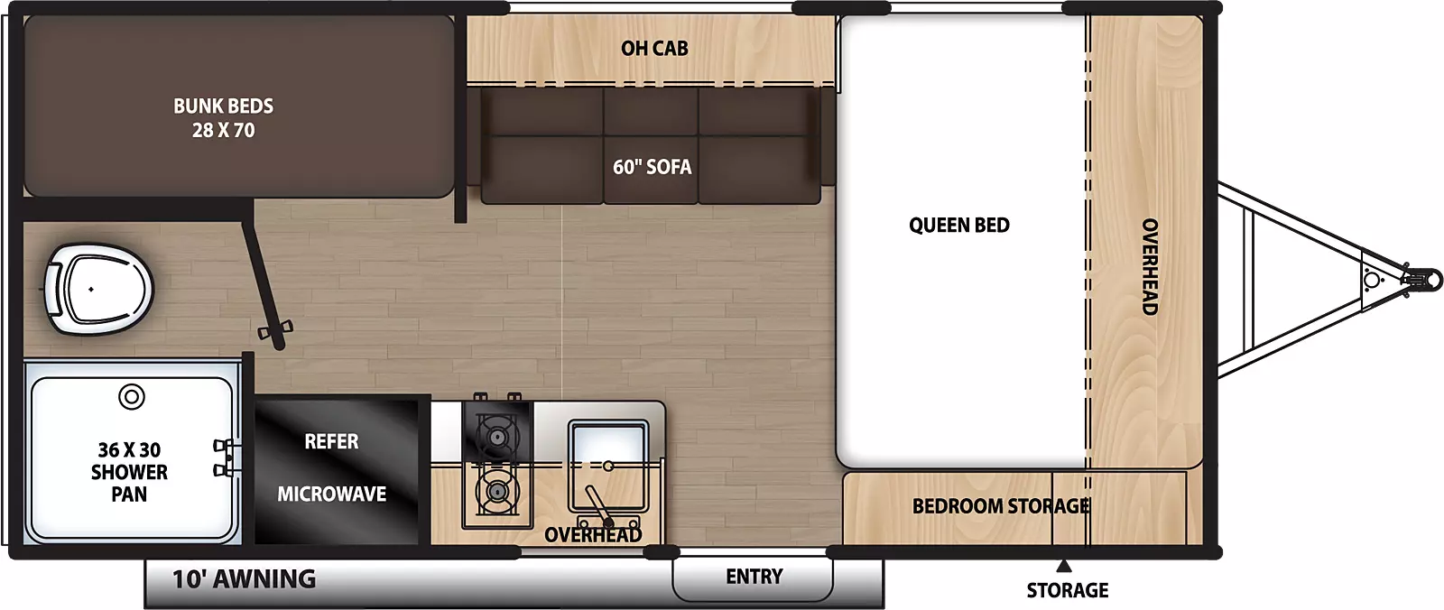 The 16BHX has no slide outs with one entry door on the door side, front storage, and 10 foot awning. Interior layout from front to back: side facing queen bed with cabinets overhead and door side bedroom storage, kitchen living dining area with 60 inch sofa and overhead cabinet on the off-door side, on the door side sink, stove and refrigerator with microwave and cabinets overhead. Bathroom located on the rear door side with shower and toilet only, bunk beds located on the rear off-door side. 