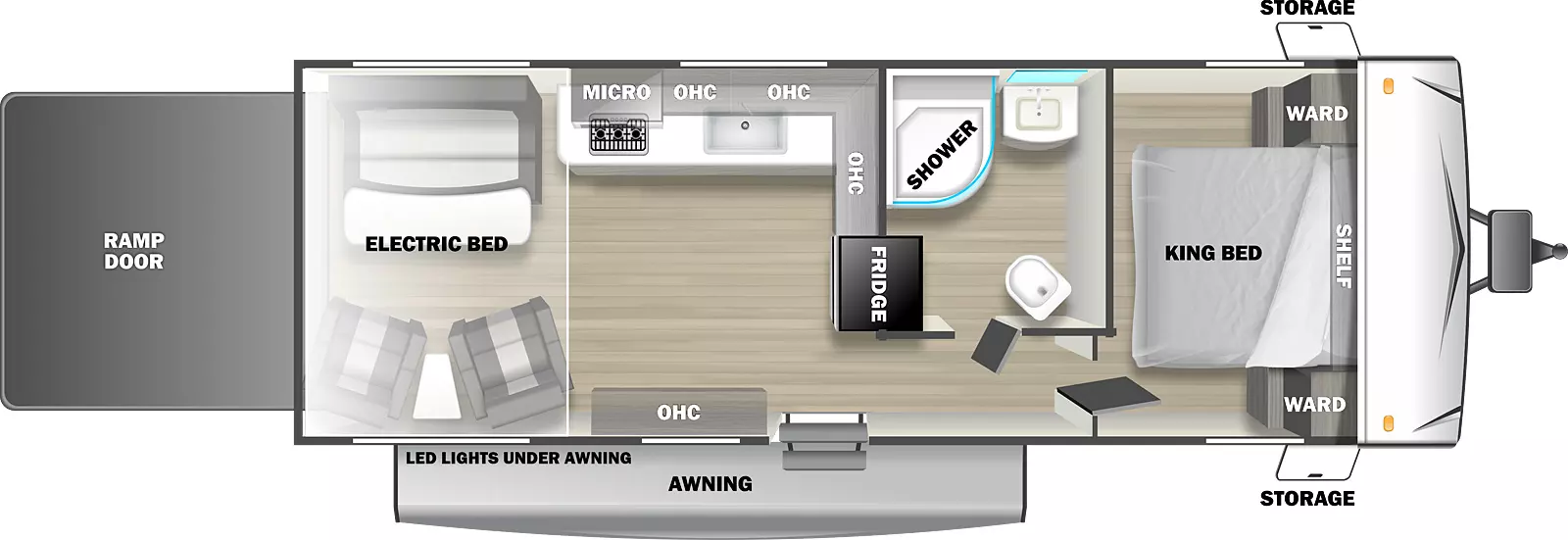 The FS2413GLE has one zero slideouts and one entry. Exterior features a rear ramp door, an awning with LED Lights under, and front pass thru storage. Interior layout front to back: King bed with shelf above and wardrobes on each side; off-door side full bathroom; refrigerator and kitchen countertop along inner wall that wraps to off-door side with overhead cabinet, sink, microwave and cooktop; door side entry and overhead cabinet; rear seating and table with electric bed above.