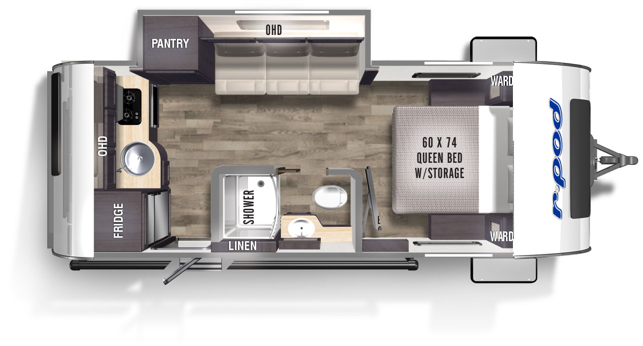 The RP196 has one entry door, pass-through storage, a slide room on the off-door side, and 11' awning on the exterior. Inside, the front of the unit contains a walkaround 60 x 74 queen bed with storage and wardrobe cabinets on either side. Near the foot of the bed, the TV is mounted to the wall with an adjustable arm to change the viewing angle. The right wall contains a slide room that holds a convertible sofa and pantry, with cabinets mounted overhead. The bathroom is located on the left wall and features a shower with curved curtain rod, a sink with countertop, medicine cabinet, storage cabinet, and commode. The kitchen takes up the rear wall, and contains a refrigerator, countertop, cooktop, single basin stainless steel sink, convection microwave, and overhead cabinets. There is a central vacuum system located under the refrigerator. 