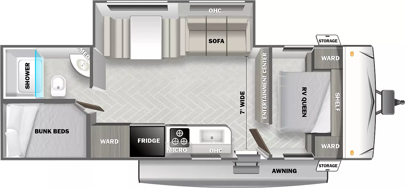 The 267SS has one slideout and one entry. Exterior features an awning and front storage. Interior layout front to back: bed with shelf above and wardrobes on each side; entertainment center along inner wall; off-door side slideout with sofa, overhead cabinet, and dinette; door side entry, kitchen counter, overhead cabinet, microwave, refrigerator and wardrobe; rear off-door side full bathroom with medicine cabinet; rear door side bunk beds.