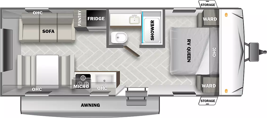 The 208RD has zero slideout and one entry. Exterior features an awning and front storage. Interior layout front to back: bed with overhead cabinet and wardrobes on each side; off-door side full bathroom; door side entry, kitchen counter, overhead cabinet and microwave; off-door side refrigerator and pantry; rear door side dinette and overhead cabinet; rear off-door side sofa and overhead cabinet.