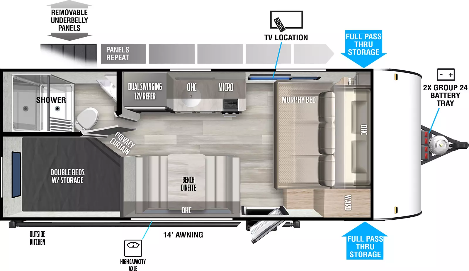 The 179DBK has zero slideouts and one entry. Exterior features removeable underbelly panels, front pass-thru storage, outside kitchen, high capacity axle, 14 foot awning, and front 2X group 24 battery tray. Interior layout front to back: murphy bed with overhead cabinet, off-door side TV, and door side wardrobe; door side entry and bench dinette with overhead cabinet; off-door side kitchen counter with cooktop and sink, microwave, overhead cabinet, and dual swinging 12V refrigerator; rear door side double beds with storage and privacy curtain; rear off-door side full bathroom.