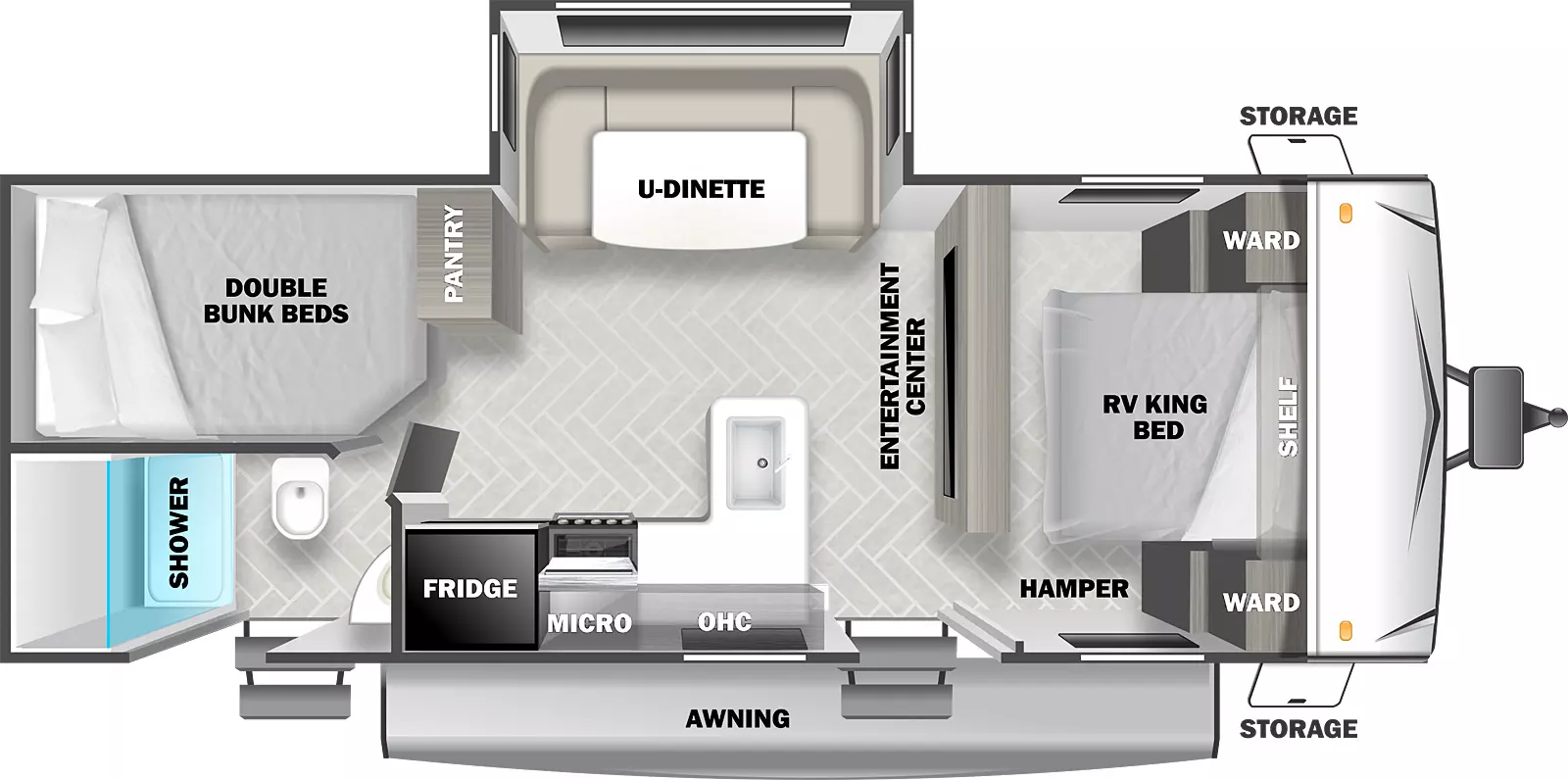 The T2490 has one slideout and two entries. Exterior features front storage, and an awning. Interior layout front to back: RV king bed with shelf above and wardrobes on each side, and hamper on door side; entertainment center along inner wall; door side entry, peninsula kitchen counter with sink wraps to door side with overhead cabinet, microwave, cooktop and refrigerator; off-door side slideout with u-dinette, and a pantry; rear off-door side double bunk beds; rear door side full bathroom with second entry.