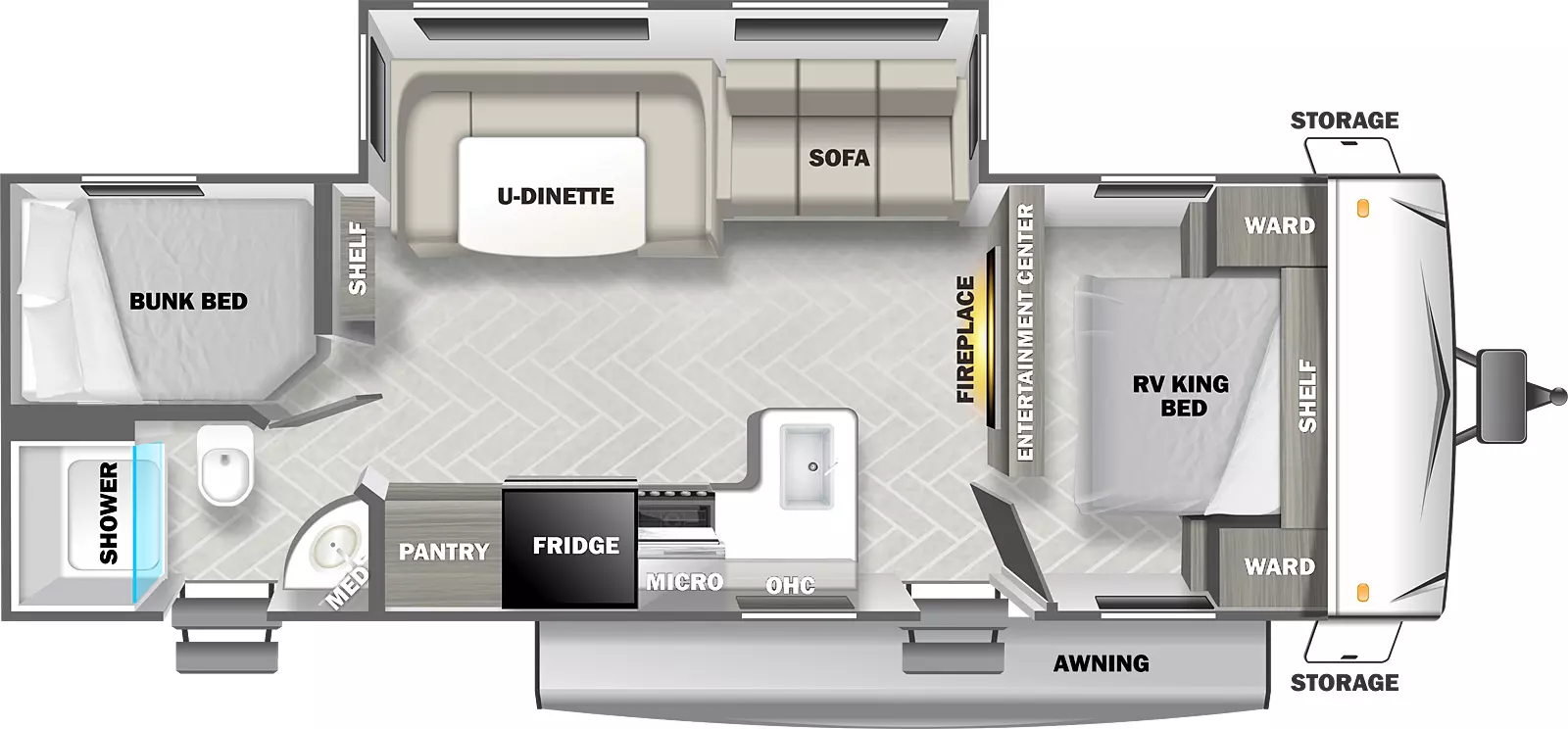The T2850-DSO has one slideout an two entries. Exterior features front storage, and an awning. Interior layout front to back: RV king bed with shelf above and wardrobes on each side; entertainment center with fireplace below along inner wall; off-door side slideout with sofa and u-dinette; door side entry, peninsula kitchen counter with sink, overhead cabinet, microwave, cooktop, refrigerator and pantry; rear off-door side bunk bed with shelf; rear door side full bathroom with medicine cabinet and second entry.