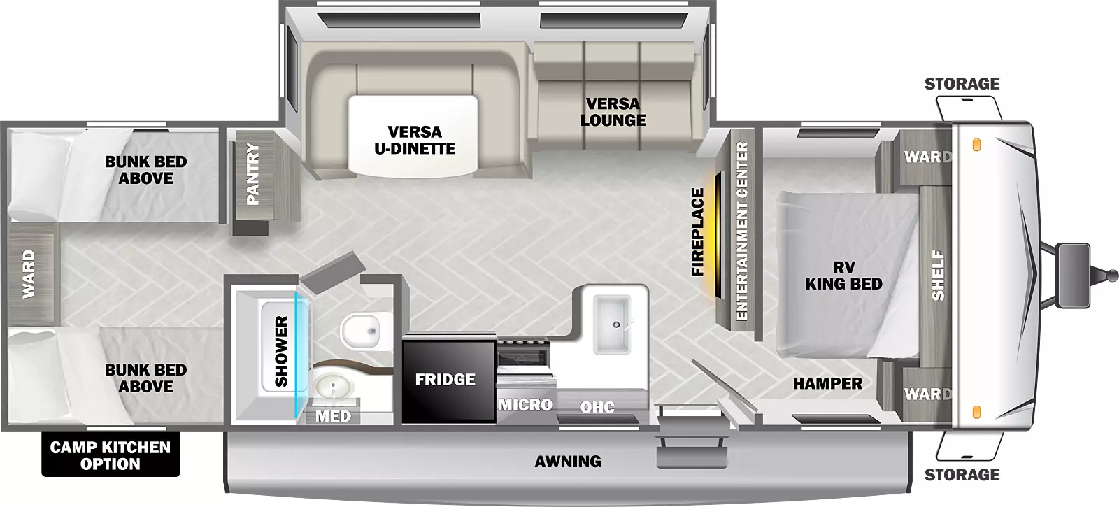 The T2990 has one slideout and one entry. Exterior features front storage, awning, and a camp kitchen option. Interior layout front to back: RV king bed with shelf above and wardrobes on each side, and door side hamper; entertainment center with fireplace below along inner wall; off-door side slideout with versa lounge and versa u-dinette, and pantry; door side entry, peninsula kitchen counter with sink, overhead cabinet, microwave, cooktop, and refrigerator; door side full bathroom with medicine cabinet; rear bunk room with bunks on each side and rear wardrobe.
