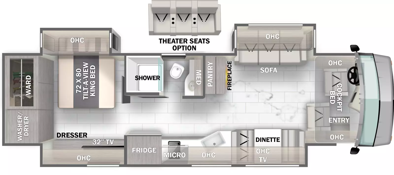 The 34B has 3 slide outs and one entry door. Interior layout front to back: cockpit with entry door, overhead cabinets and cockpit bed; off-door side slideout with sofa and overhead cabinet; door side slideout with dinette, overhead cabinet, TV, kitchen counter with sink, microwave above cooktop, refrigerator, and bedroom dresser with overhead cabinet and TV; off-door side pantry and fireplace on inner wall and side aisle full bathroom; rear off-door side tilt-a-view king bed slideout with overhead cabinet; rear wardrobe and closet with washer/dryer prep. Optional heater seats in place of sofa.