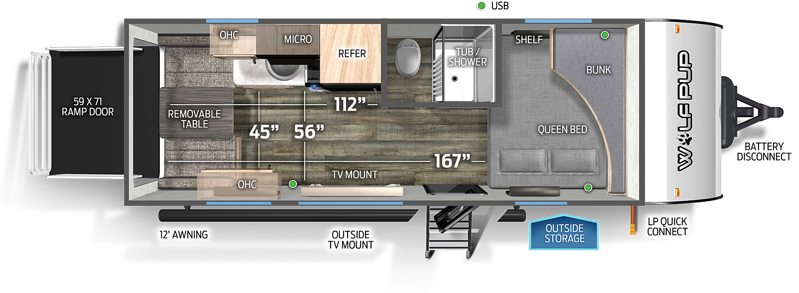 The 18RJBBL has no slide outs and one entry door. Exterior features include a rear ramp door, 12 foot awning, outside TV mount, outside storage, LP quick connect, and battery disconnect. Interior layout front to back: front queen bed with shelf, and bunk above; off-door side aisle bathroom with only a toilet and tub/shower; off-door side refrigerator, microwave, overhead cabinets, cook top stove, and kitchen countertop with sink; door side TV mount and overhead cabinet; rear removable table and seats. Cargo area dimensions: 167 inches from the rear to the queen bed, 112 inches from the rear to the bathroom wall, 45 inches between kitchen countertop and door side overhead cabinet, 56 inches between kitchen countertop and door side wall, and 59x71 inch rear ramp door.