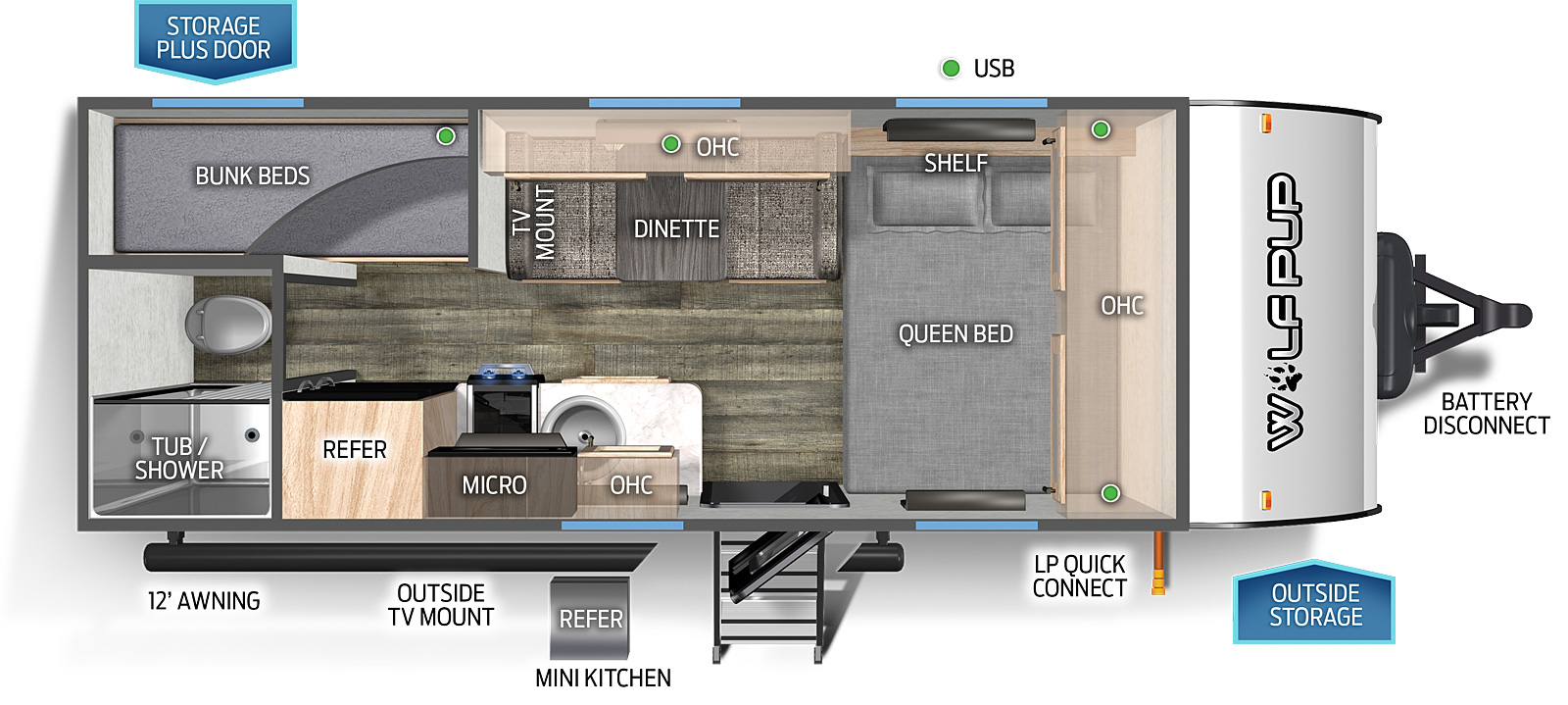 The 16BHSWBL has no slide outs and one entry door. Exterior features include a storage plus door on the off-door side, TV mount, mini kitchen, outside storage on the door side, LP quick connect, and battery disconnect. Interior layout front to back: front queen bed with shelf and overhead cabinet; off-door side dinette with overhead cabinet and TV mount; door side entry, kitchen countertop with sink, microwave, cook top stove, overhead cabinet, and refrigerator; rear door side bathroom with only a toilet and tub/shower; rear off-door side bunk beds.