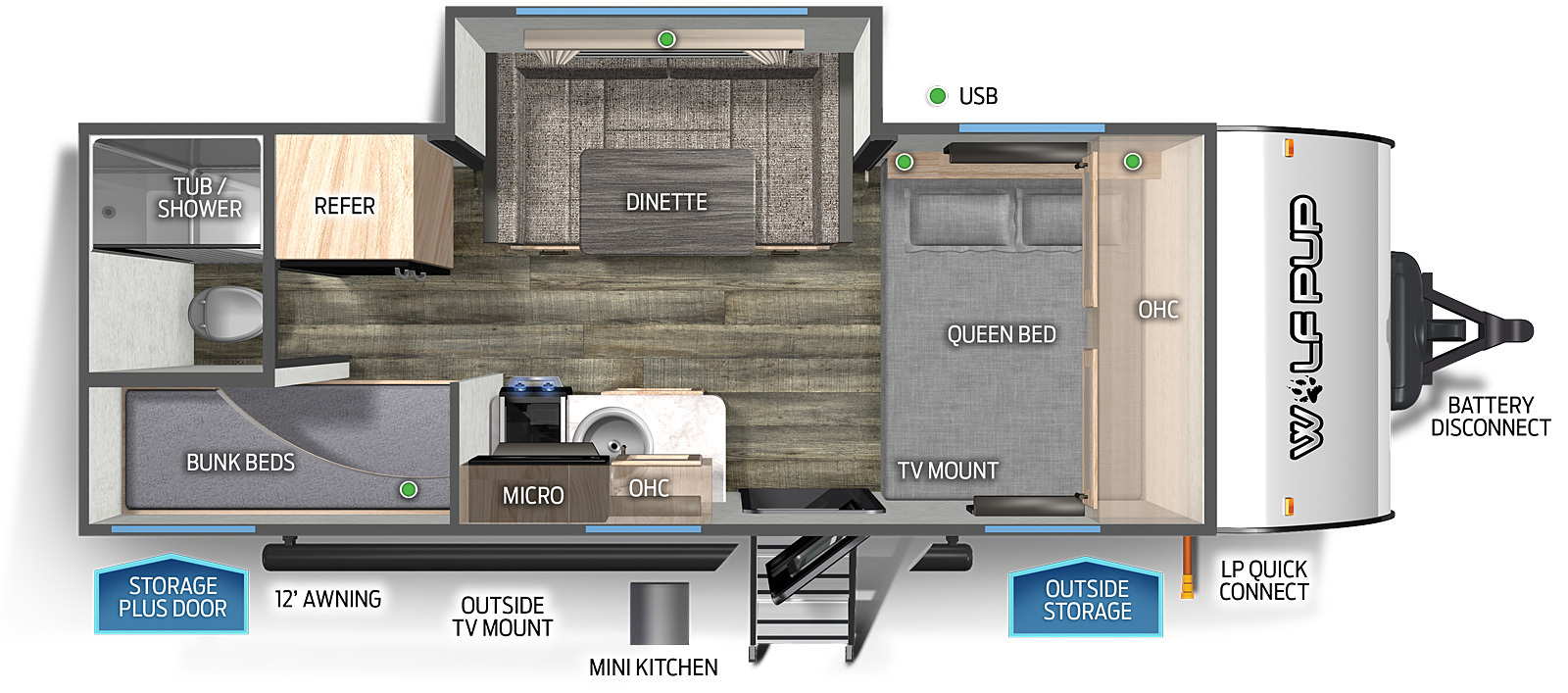 The 17JWBL has one slide out and one entry door. Exterior features include a storage plus door, 12 foot awning, outside TV mount, mini kitchen, outside storage, LP quick connect, and battery disconnect. Interior layout front to back: queen bed with overhead cabinet and TV mount; off-door side u-dinette slide out; door side entry, kitchen countertop with sink, overhead cabinet, microwave, and cook top stove; off-door side refrigerator; rear door side bunk beds; rear off-door side bathroom with just a tub/shower and toilet. 