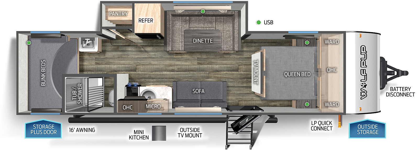 The 25JBWBL has one slide out and one entry door. Exterior features include a storage plus door, 16 foot awning, mini kitchen, outside TV mount, LP quick connect, outside storage, and battery disconnect. Interior layout front to back: queen bed with overhead cabinet and wardrobes on either side; TV mount along inner wall; off-door side slide out with u-dinette, refrigerator and pantry; door side entry, sofa, kitchen countertop with sink, overhead cabinet, microwave, and cooktop stove; door side aisle bathroom with only tub/shower and toilet; off-door side sink only; rear bunk beds.