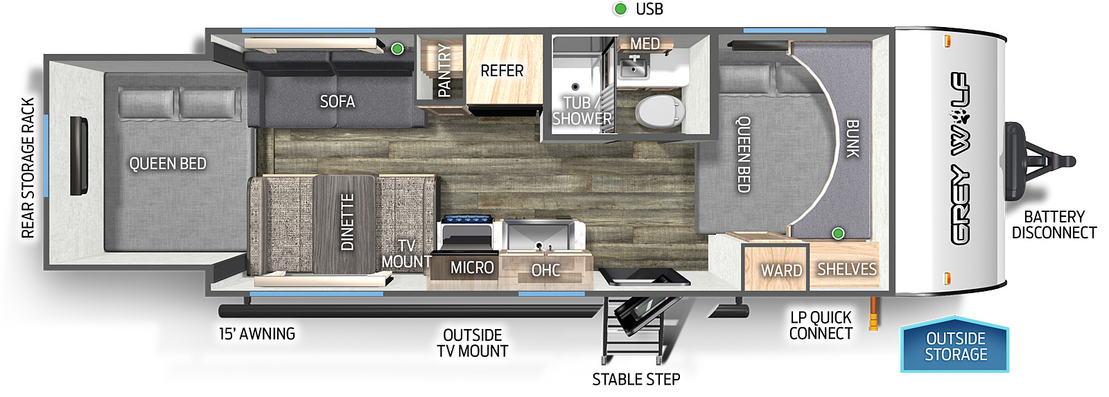 The 19SMBL has one slide out and one entry door. Exterior features include a rear storage rack, 15 foot awning, outside TV mount, front stable step entry, LP quick connect, outside storage, and battery disconnect. Interior layout front to back: queen bed with bunk above, shelves and wardrobe; off-door side aisle full bathroom with medicine cabinet; off-door side refrigerator, pantry and sofa; door side entry, kitchen countertop with sink and cooktop stove, overhead cabinet, microwave, and dinette; and rear wall slide out containing a queen bed.