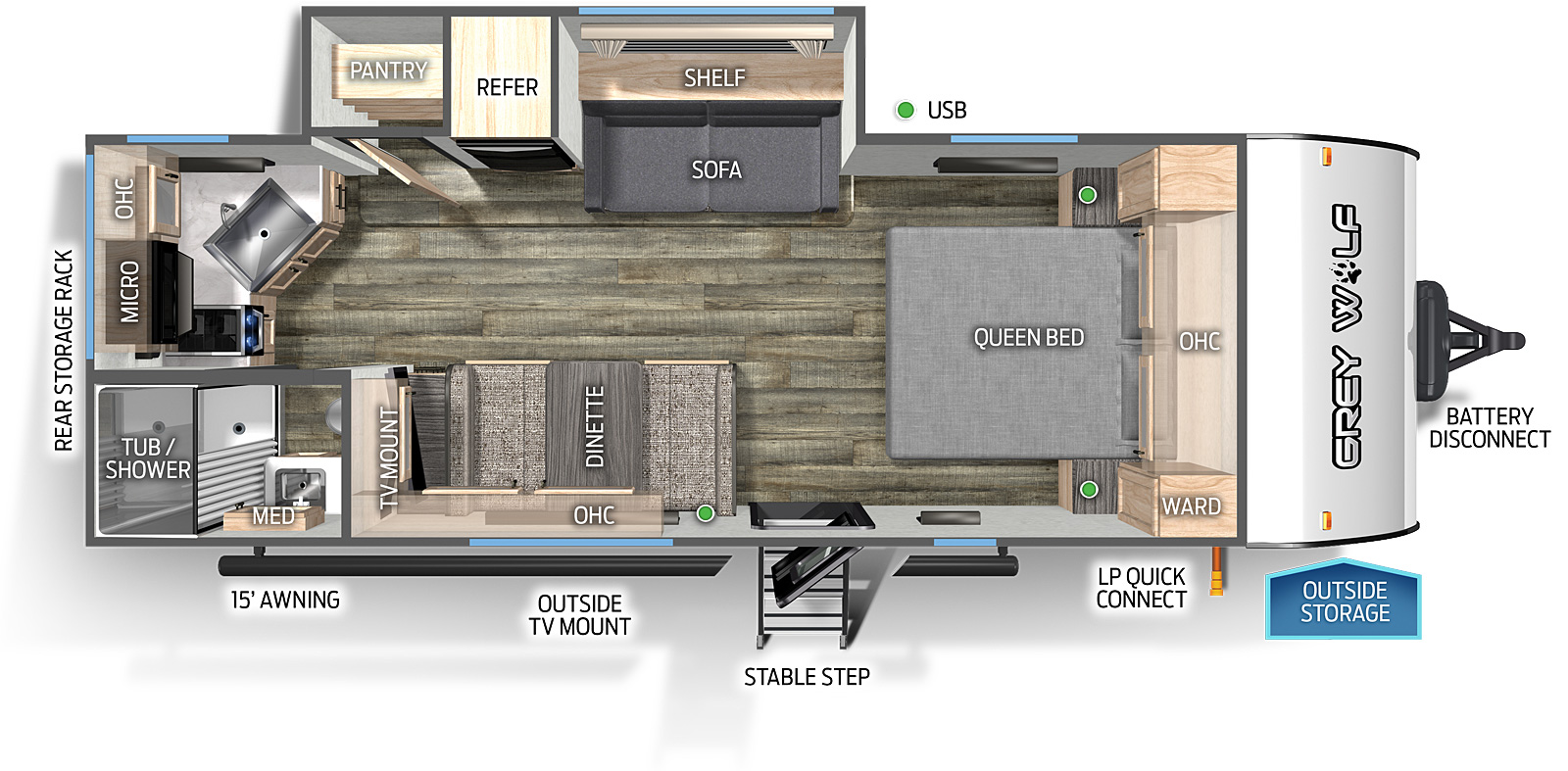 The 22CEBL has one slide out and one entry door. Exterior features a rear storage rack, 15 foot awning, outside TV mount, mid stable step entry, LP quick connect, outside storage and battery disconnect. Interior layout front to back: queen bed with overhead cabinet and wardrobes on each side; off-door side slide out with sofa, shelf, refrigerator, and pantry; door side entry, dinette with overhead cabinet, and TV mount; rear door side full bathroom with medicine cabinet; rear off-door side kitchen counter with sink, overhead cabinet, microwave and cooktop stove.