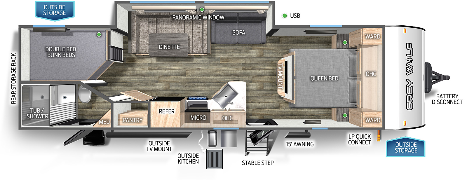 The 26DBHBL has one slide out and two entry doors. Exterior features include a rear storage rack, outside TV mount, outside kitchen, mid stable step entry, 15 foot awning, LP quick connect, outside storage, and battery disconnect. Interior layout front to back: queen bed with overhead cabinet, and wardrobes on either side; TV mount along inner wall; off-door side slide out with sofa, u-dinette, and panoramic window; door side entry, peninsula kitchen countertop with sink wraps to door side overhead cabinet, microwave, cooktop stove, refrigerator and pantry; rear door side full bathroom with entry door and medicine cabinet; rear off-door side double bed bunk beds.