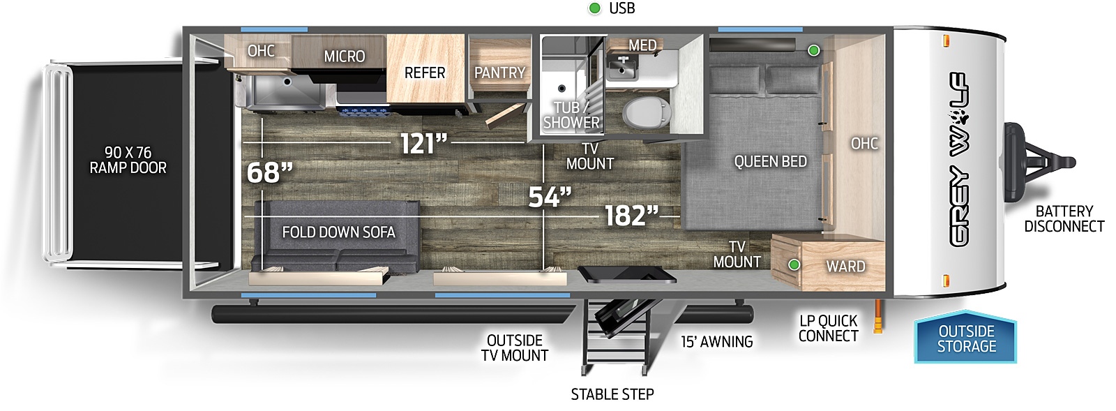 The 18RRBL has no slide outs, a rear ramp door and one entry door. Exterior features include outside TV mount, mid stable step entry, 15 foot awning, LP quick connect, outside storage, and battery disconnect. Interior layout front to back: queen bed with overhead cabinet, wardrobe, and TV mount; off-door side aisle full bathroom with medicine cabinet; entry door; off-door side pantry, refrigerator, overhead cabinet, microwave, cook top stove, and sink; door side fold down sofa. Cargo measurements: 182 inches from the rear of the trailer to the front queen bed; 54 inches from the side aisle bathroom to the door side wall; 121 inches from the rear of the trailer to the side aisle bathroom wall; 68 inches from the kitchen countertop to the door side wall; 90 inch by 76 inch rear ramp door.